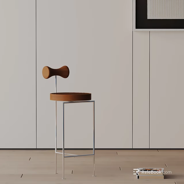 Modern Minimalist Bar Stool With Wooden Seat And Metal Frame Against White Wall 3d model 