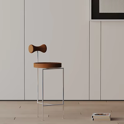Modern Minimalist Bar Stool With Wooden Seat And Metal Frame Against White Wall 3d model