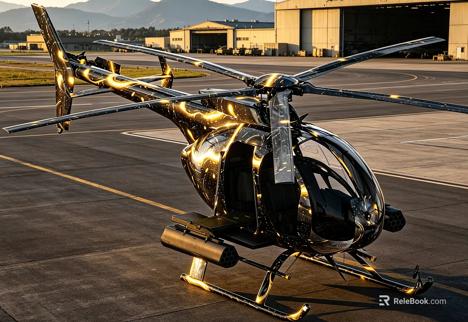 Modern Sleek Helicopter Parked On Airport Tarmac With Hangar And Rotor Blades 3d model 