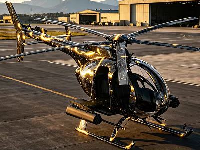 Modern Sleek Helicopter Parked On Airport Tarmac With Hangar And Rotor Blades 3d model