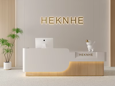 HEKNHE Modern Reception Desk With White Counter Wooden Base Computer And Green Plant 3d model