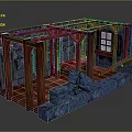 Cartoon Scene With Wooden Frame Blue Stone Blocks Window And Wooden Floor