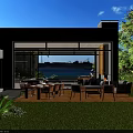Modern Living Dining Room With Large Glass Doors Connecting Outdoor Lawn Patio And Sea View