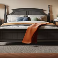Warm Modern Bedroom Interior With Dark Four Poster Bed Orange Blanket And Chandelier
