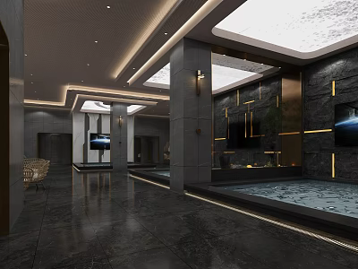 Modern SPA Sauna Interior Design With Stone Walls And Ambient Lighting 3d model