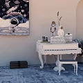 Elegant White Piano And Astronaut Painting With Vase Flowers Arched Wall Hanging Lamp Rug