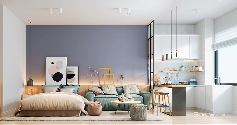 Modern Apartment Interior Design With Purple Wall Open Layout Sofa And Kitchen Area 3d model 