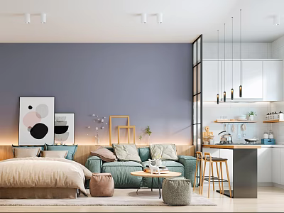 Modern Apartment Interior Design With Purple Wall Open Layout Sofa And Kitchen Area 3d model