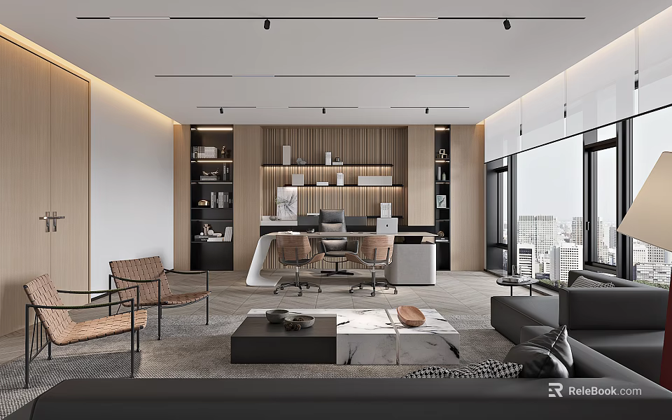 Modern Office Interior Design With Desk Chairs Sofa Bookshelves And City View Through Windows 3d model 