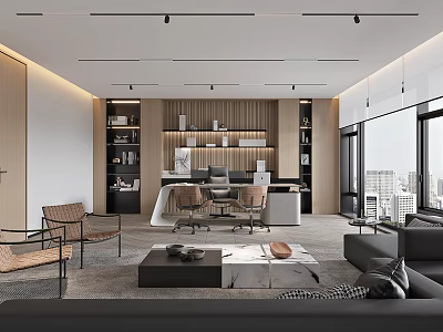 Modern Office Interior Design With Desk Chairs Sofa Bookshelves And City View Through Windows 3d model
