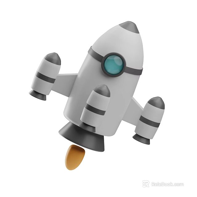 Cartoon Style Gray Rocket With Blue Window Black Stripes And Yellow Flame 3d model 