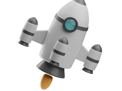 Cartoon Style Gray Rocket With Blue Window Black Stripes And Yellow Flame 3d model