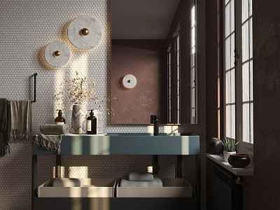 Elegant Modern Bathroom Vanity with Marble Countertop Round Mirrors Plants Towels and Natural Light 3d model