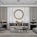 Elegant Modern Living Room Interior With Round Mirror Sofa Coffee Table And Rug