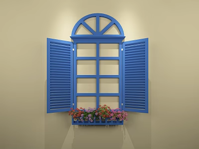 Blue Arched Window Shutters With Flower Pot And Blooming Flowers On Sill 3d model
