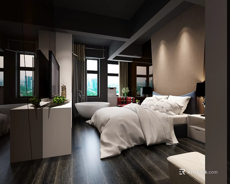 Modern Hotel Room Interior With Comfortable Bed White Bedding Wooden Flooring And Large Windows 3d model 