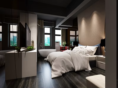 Modern Hotel Room Interior With Comfortable Bed White Bedding Wooden Flooring And Large Windows 3d model
