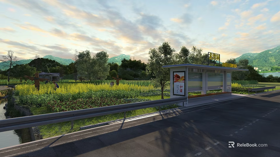 Public Bus Stop Facility by Road with Farmland Trees Hills and Sunset Sky 3d model 