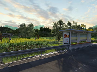 Public Bus Stop Facility by Road with Farmland Trees Hills and Sunset Sky 3d model