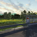 Public Bus Stop Facility by Road with Farmland Trees Hills and Sunset Sky