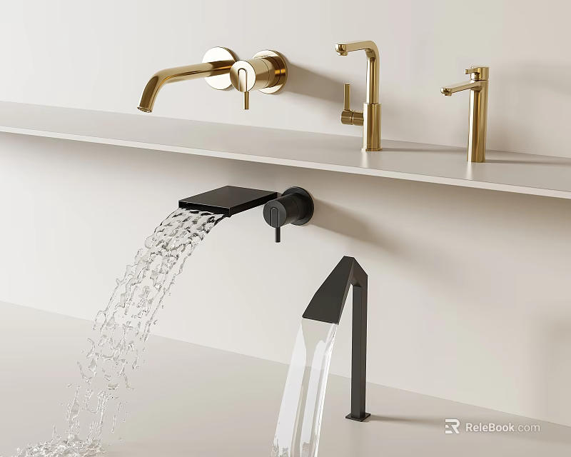 Different Styles Of Golden And Black Faucets With Water Flowing On White Modern Countertop 3d model 