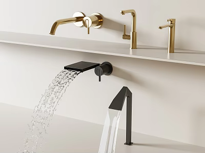 Different Styles Of Golden And Black Faucets With Water Flowing On White Modern Countertop 3d model