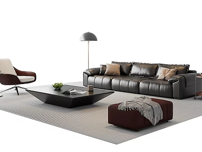Black Leather Sofa And Coffee Table Set With Decorative Pillows Green Plant And Brown Ottoman 3d model