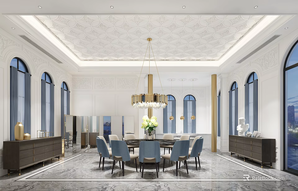 Modern Restaurant Interior Design With Open Layout Dining Table Chairs And Chandelier 3d model