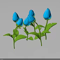 Blue Paper Art Flowers With Green Stems And Leaves On Dark Background