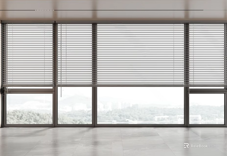 Modern Interior Design With Floor To Ceiling Windows Venetian Blinds And Green Outdoor View 3d model 