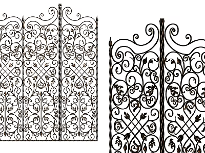 Wrought Iron Gate With Intricate Scroll Designs And Floral Patterns Double Panel Structure 3d model