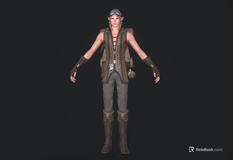 A Woman In Steampunk Style With Goggles Sleeveless Vest Leather Accessories Pants And Long Boots 3d model 
