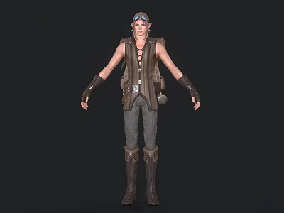 A Woman In Steampunk Style With Goggles Sleeveless Vest Leather Accessories Pants And Long Boots 3d model