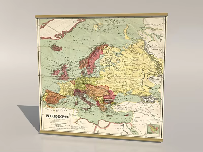 Vintage Framed European Map Wall Decor With Colorful Regions And Classic Design 3d model