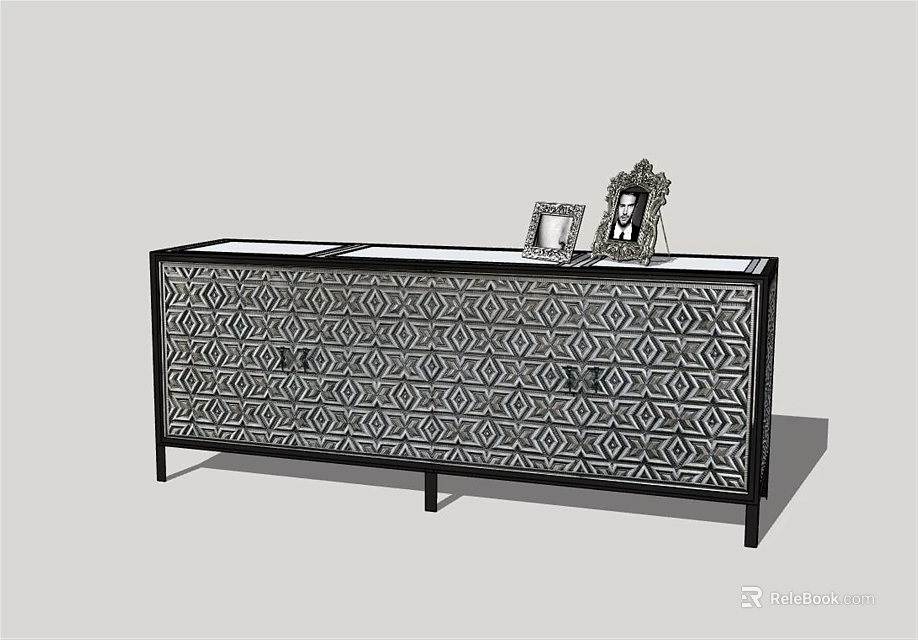 Modern Decorative Cabinet With Geometric Pattern Drawers And Photo Frames On Top 3d model 