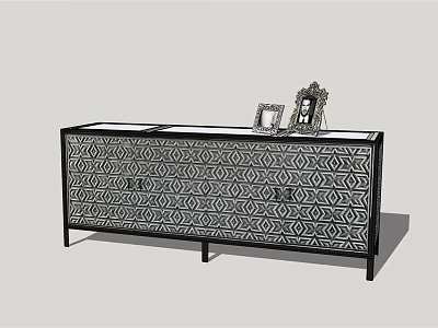 Modern Decorative Cabinet With Geometric Pattern Drawers And Photo Frames On Top 3d model