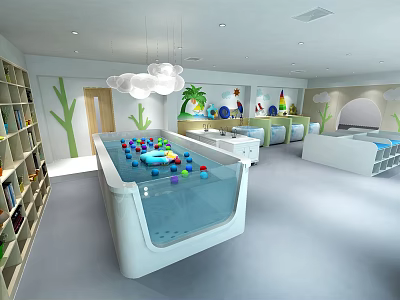 Indoor Swimming Pool Interior With Shallow Water Colorful Balls And Decorative Elements 3d model