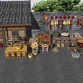 Traditional Agricultural Tools Display With Scarecrow Pumpkins And Bamboo Furniture In Courtyard