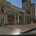 Modern Commercial Street Featuring Pedestrians Outdoor Seating Green Plants and Street Lamps