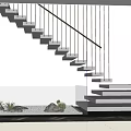 Modern Staircase Design With Glass Railing Wooden Steps LED Lighting And Small Rock Garden