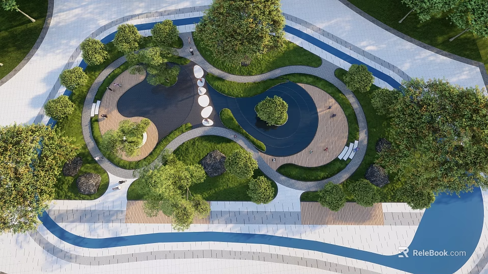 Park Landscape With Winding Paths Water Features Greenery And Seating Areas 3d model 