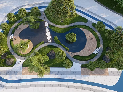 Park Landscape With Winding Paths Water Features Greenery And Seating Areas 3d model