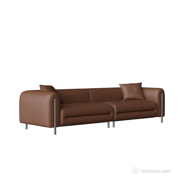 Modern Brown Leather Sectional Sofa With Pillows And Metal Legs 3d model