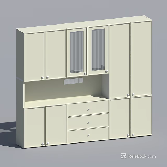 Light Colored Storage Cabinet With Multiple Doors Drawers Glass Door Upper Cabinets And Middle Shelf 3d model 