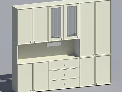 Light Colored Storage Cabinet With Multiple Doors Drawers Glass Door Upper Cabinets And Middle Shelf 3d model