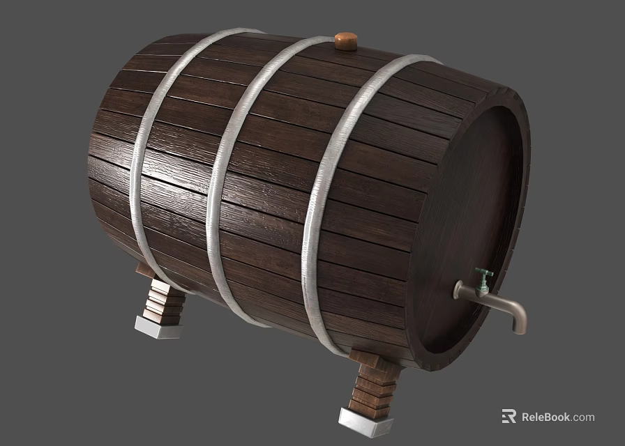 Traditional Wooden Barrel With Metal Hoops Wooden Legs And Faucet 3d model 