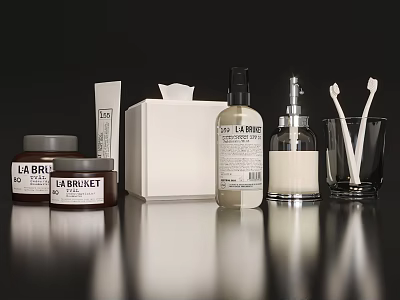 Bathroom Accessories Including Skincare Products Tissue Box Spray Bottle Lotion And Toothbrushes 3d model