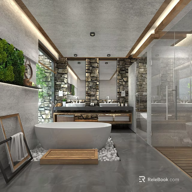 Luxurious Hotel Bathroom with Stone Walls Large Mirror Freestanding Bathtub Green Plants and Glass Shower 3d model 