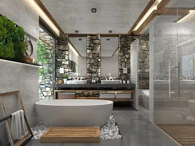 Luxurious Hotel Bathroom with Stone Walls Large Mirror Freestanding Bathtub Green Plants and Glass Shower 3d model