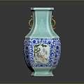 Furniture Decorative Vase With Blue White Patterns And Gold Handles